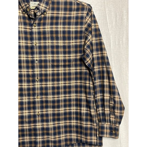 LL Bean Men's Shirt Large Button Front Blue Tan Plaid 100% Cotton LS 253770 - Picture 5 of 13